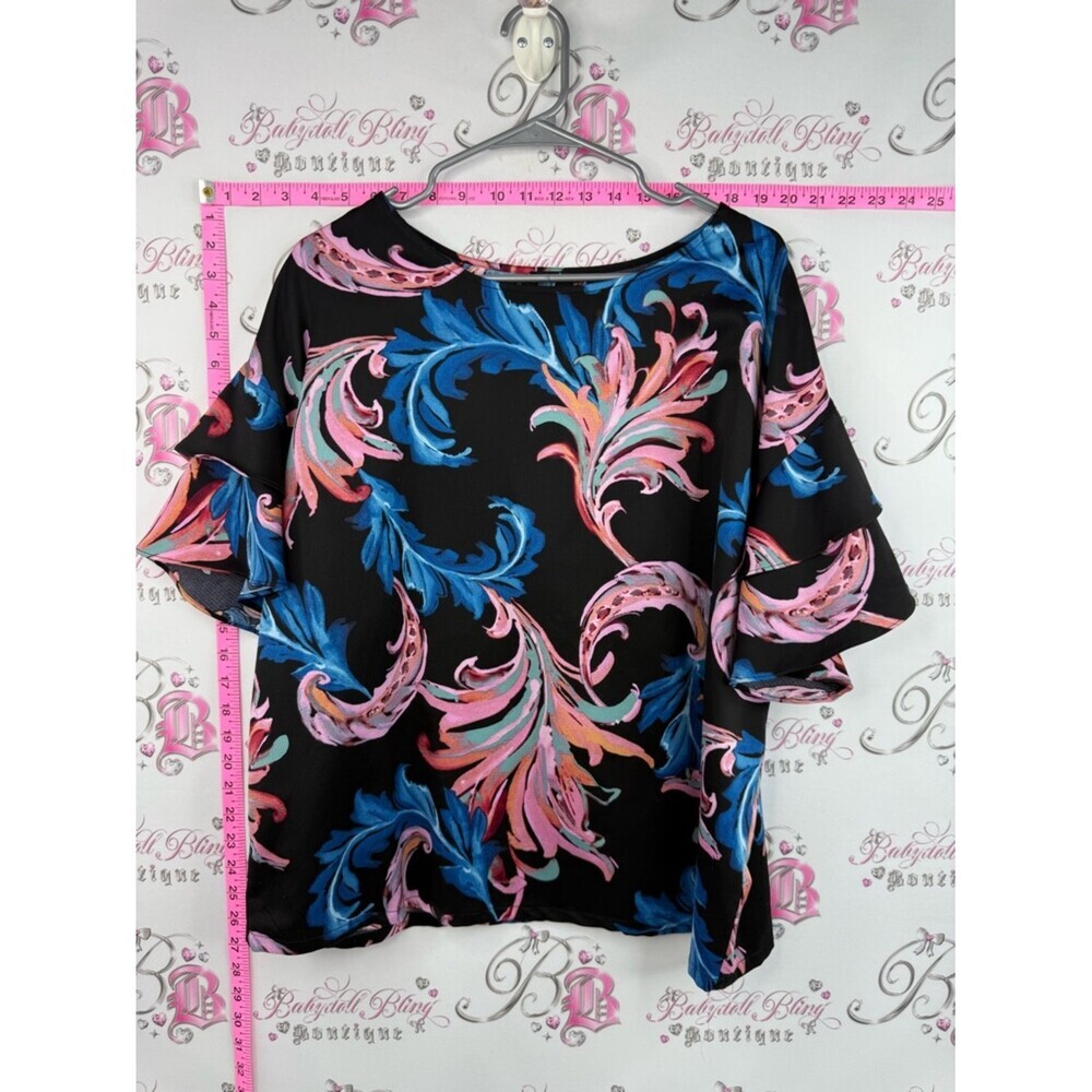 mark. Blouse sleeves ruffle Black Blouse with Pink & Blue Swirl Floral Print